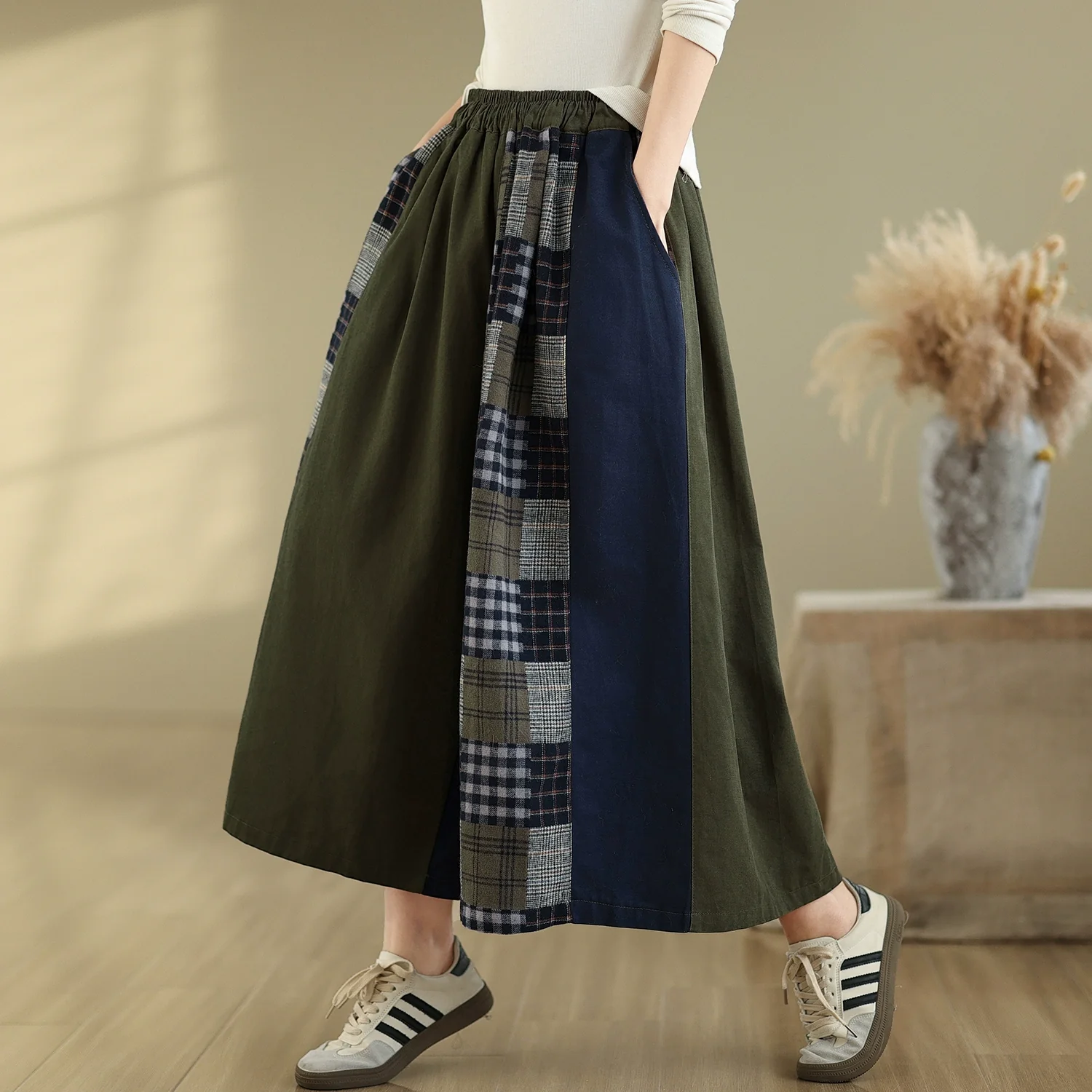Women Spring Vintage Artistic Cotton Plaid Patchwork Wide-Leg Pants