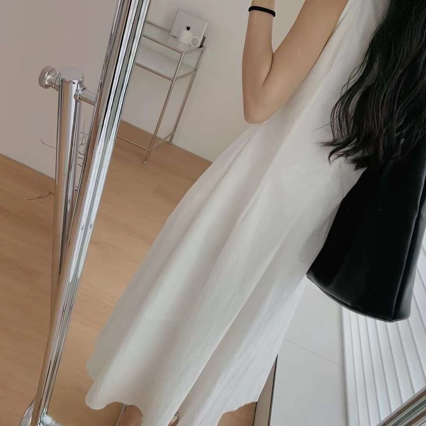 Midi Pleated Dress Plain A-Line Sleeveless Crew Neck