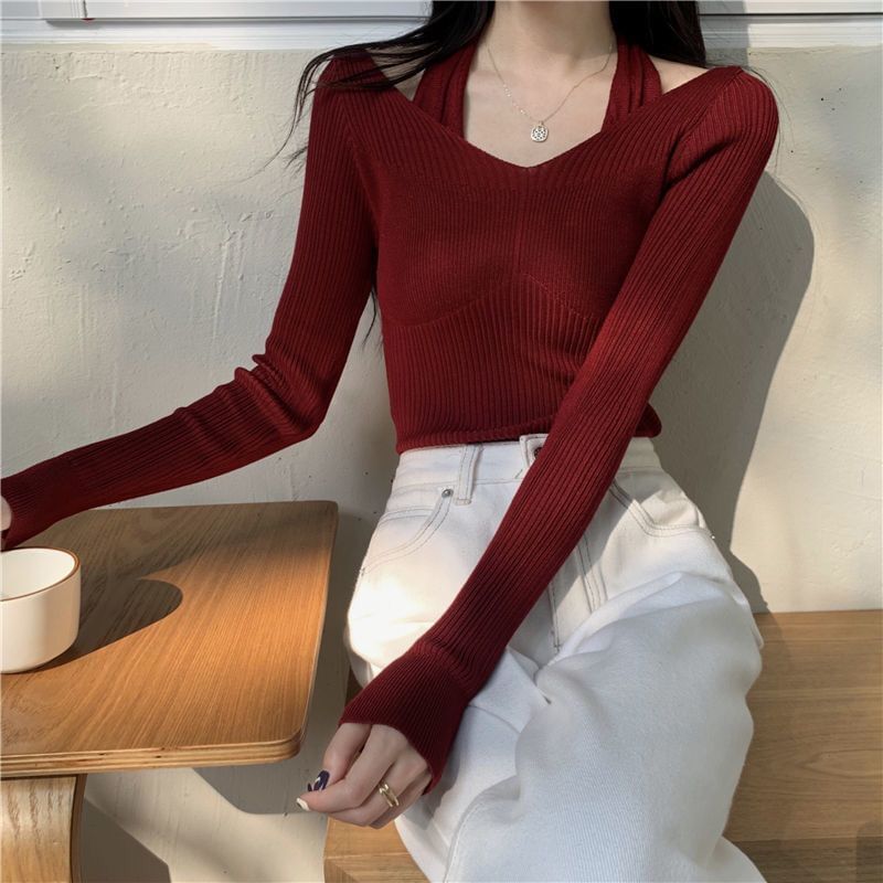 Plain Long-Sleeve Slim Halter Neck Top Fit Knit Mock Two-Piece Ribbed