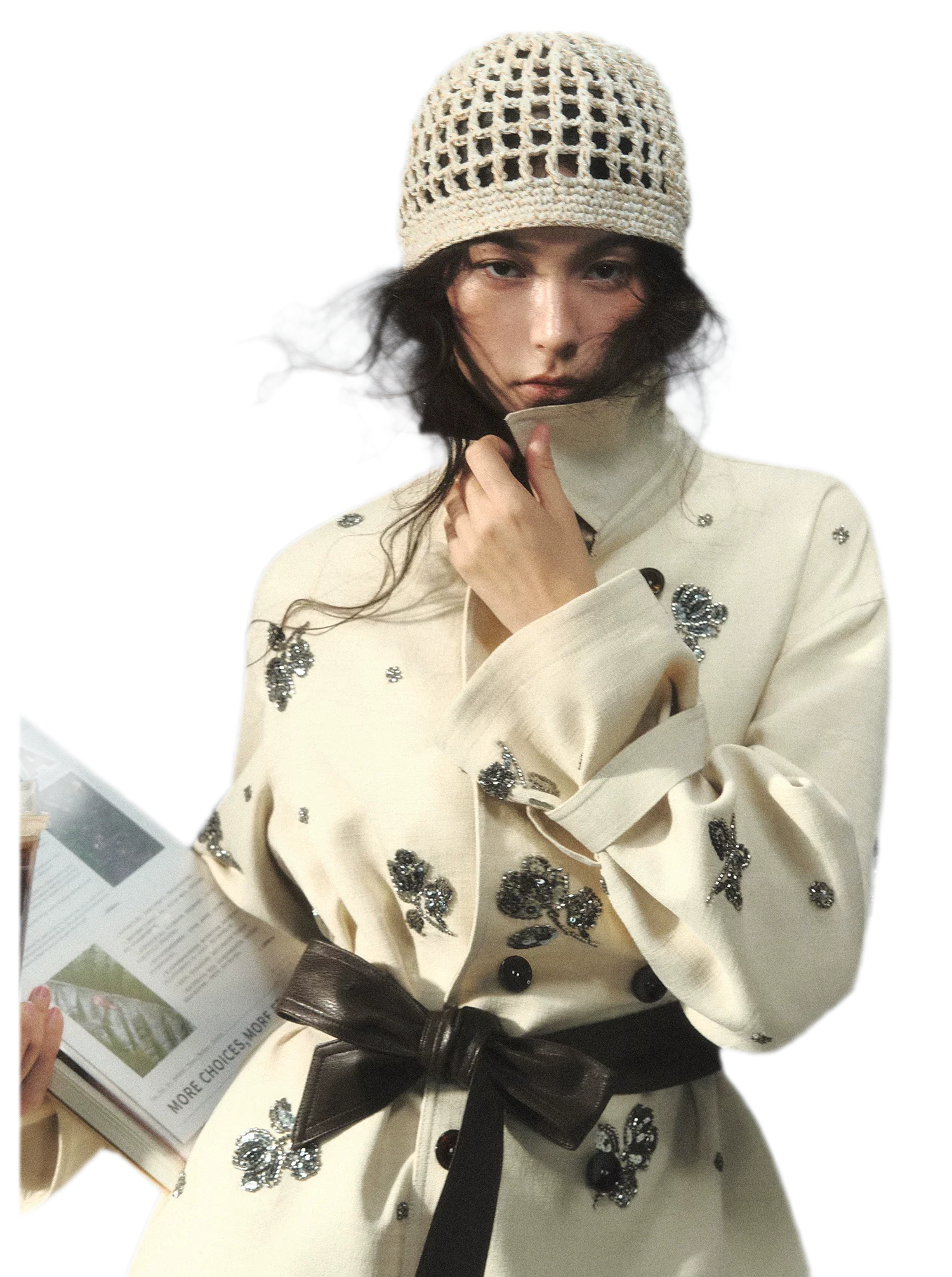 Beaded Embroidered Leather-Trim Trench Coat