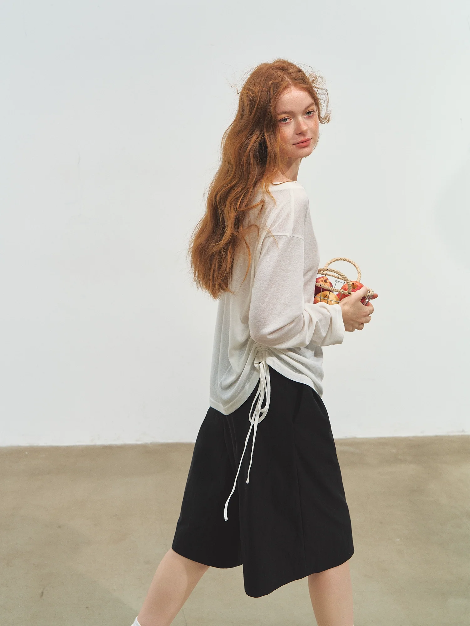 Printed Tie-Up Gauze Long-Sleeve T-Shirt