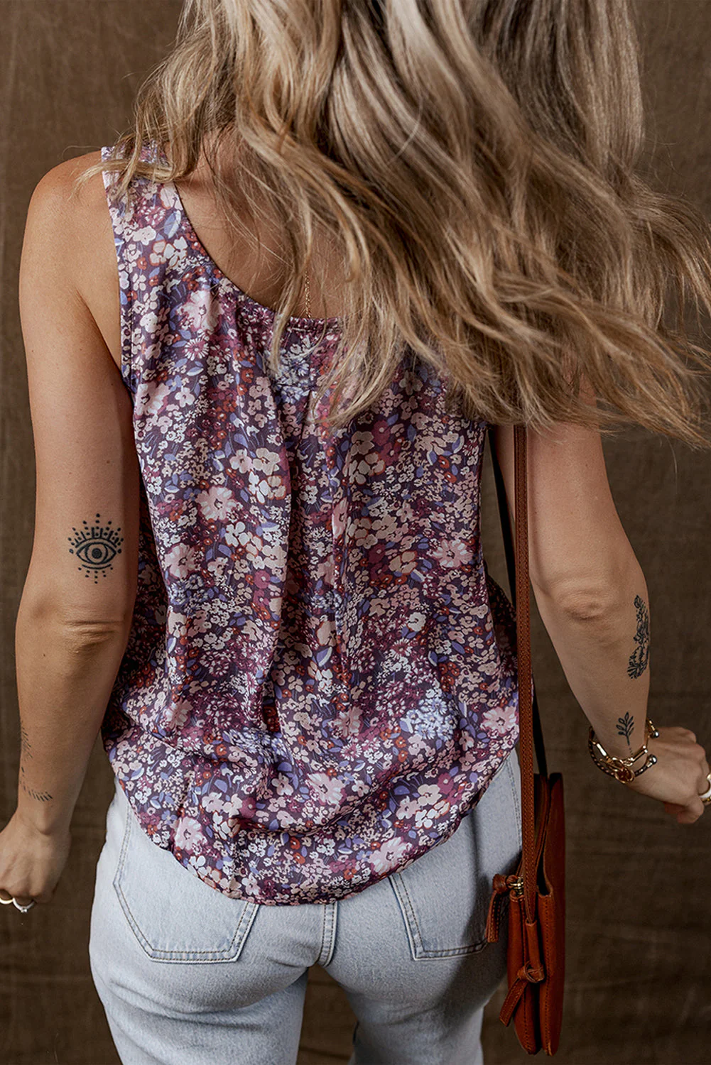 Boho Floral Pleated Buttoned Front Tank Top