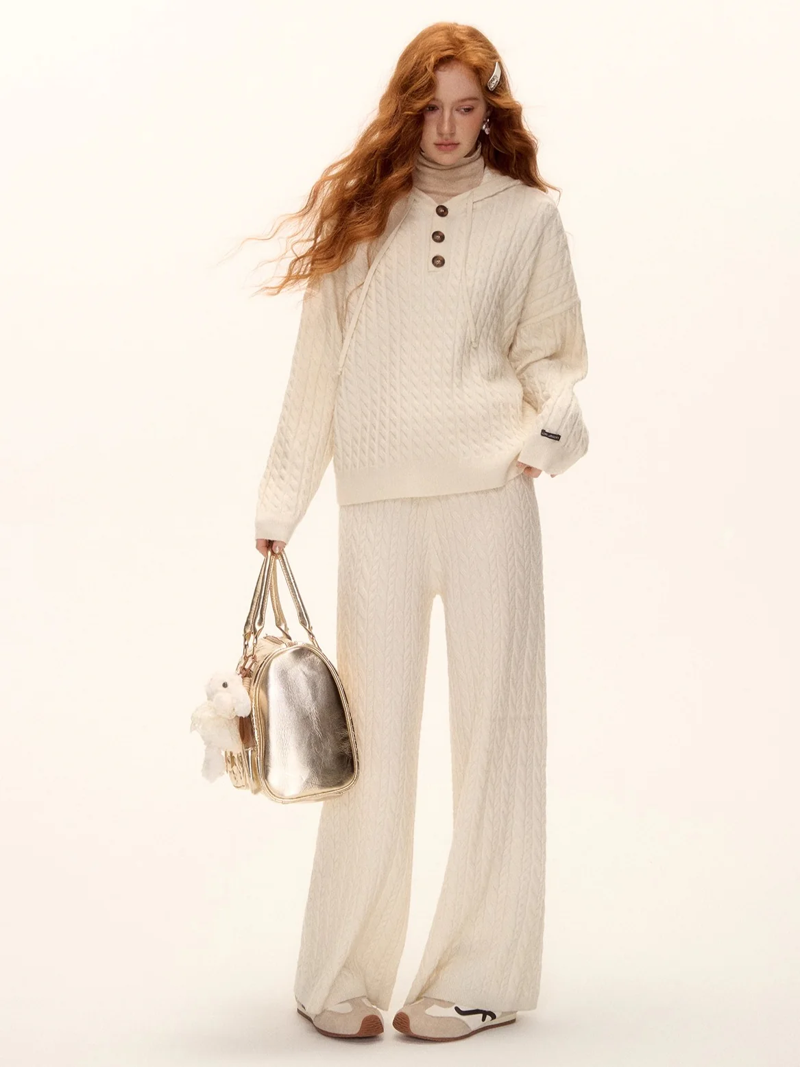 Wool Blend Cable Knit Hoodie & Wide-Leg Pants Set