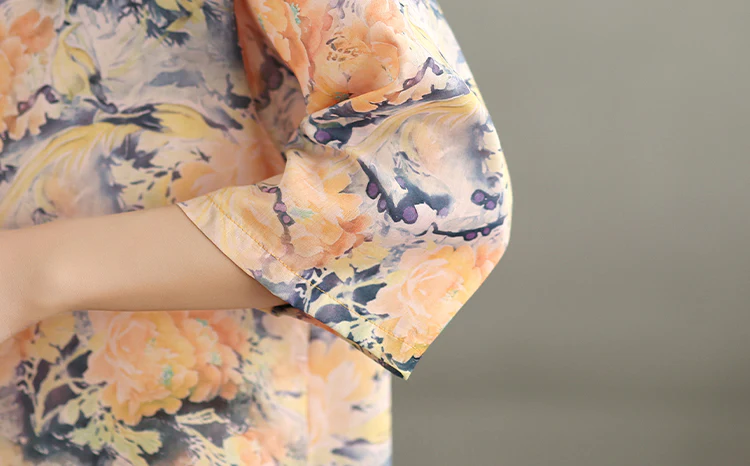Ladies Retro Printed Loose V-Neck Mid-Length Cotton Linen T-Shirt
