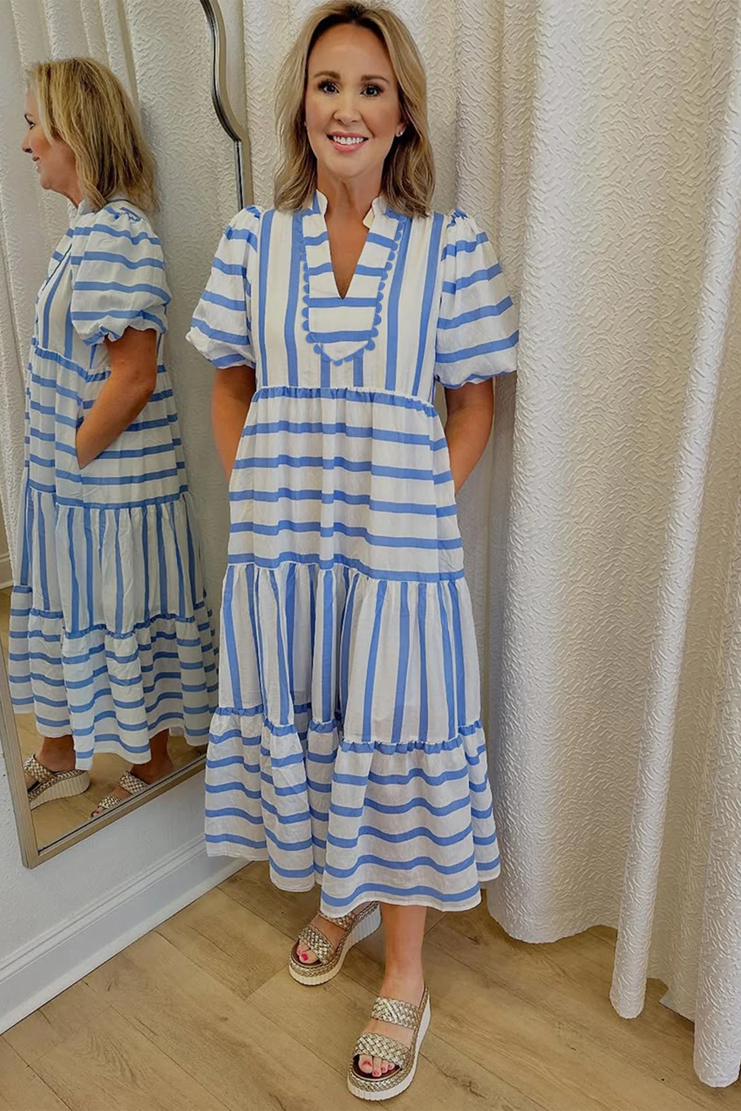 Ricrac Trim Notched Neck Half Sleeve Vacation Dress