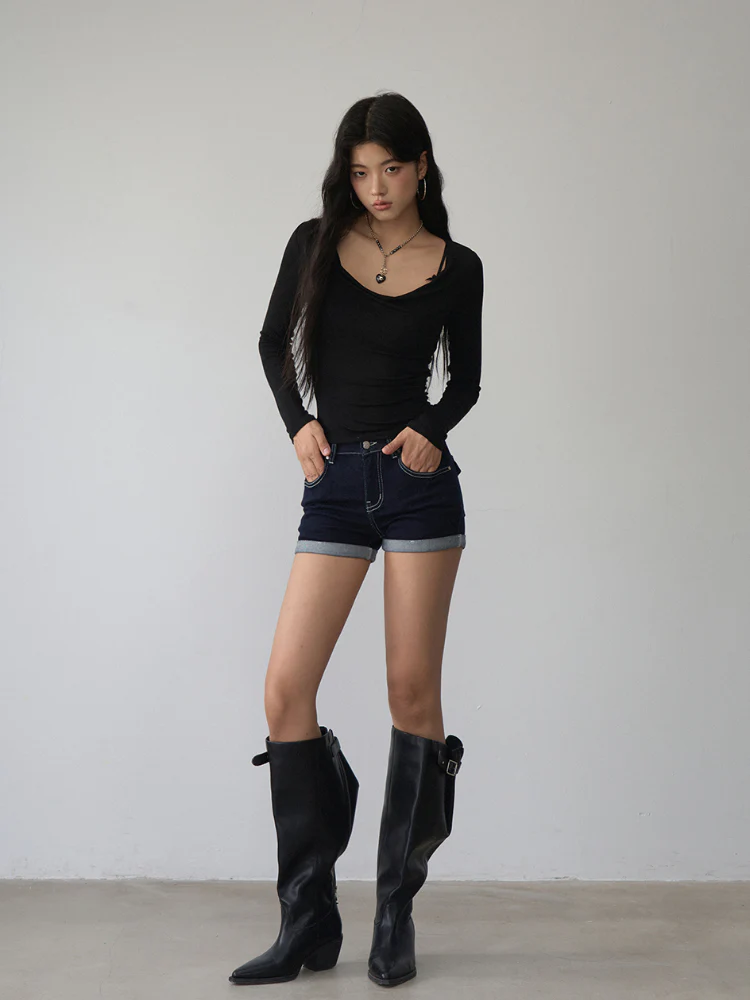 Reversible Off-shoulder Slim Long-sleeve T-shirt