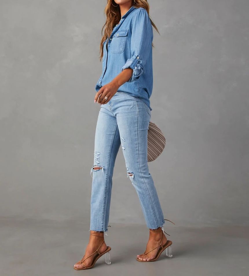 Sleeve Shirt Loose-Fit Long Denim V-Neck