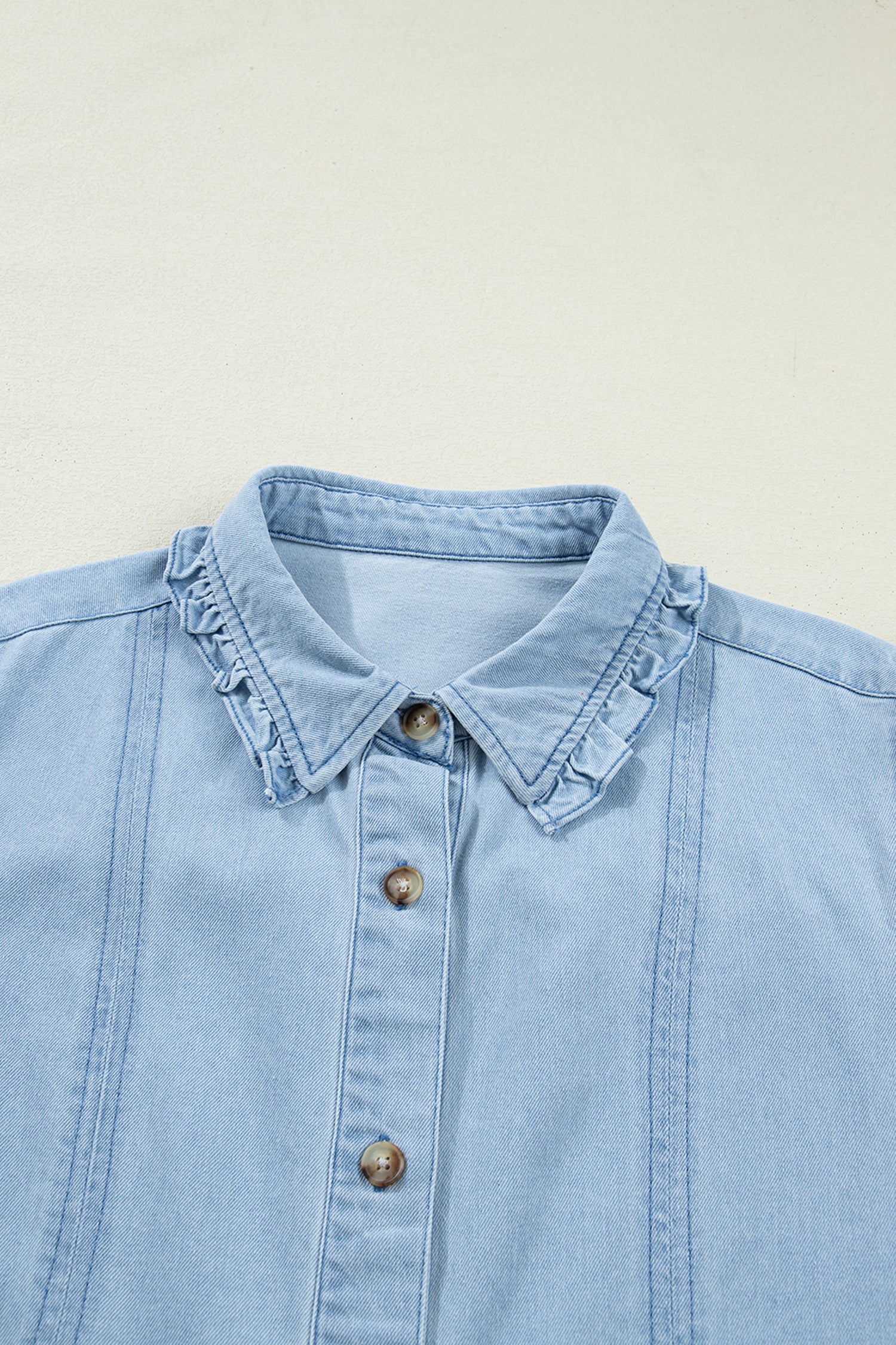 Chic Beau Blue Ruffled Edge Collared Shift Denim Dress with Pockets