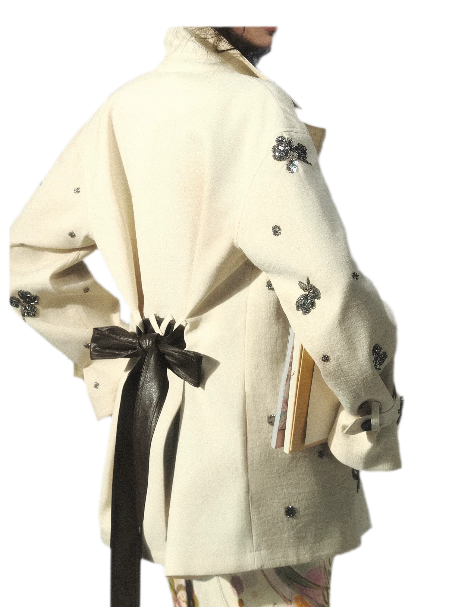 Beaded Embroidered Leather-Trim Trench Coat