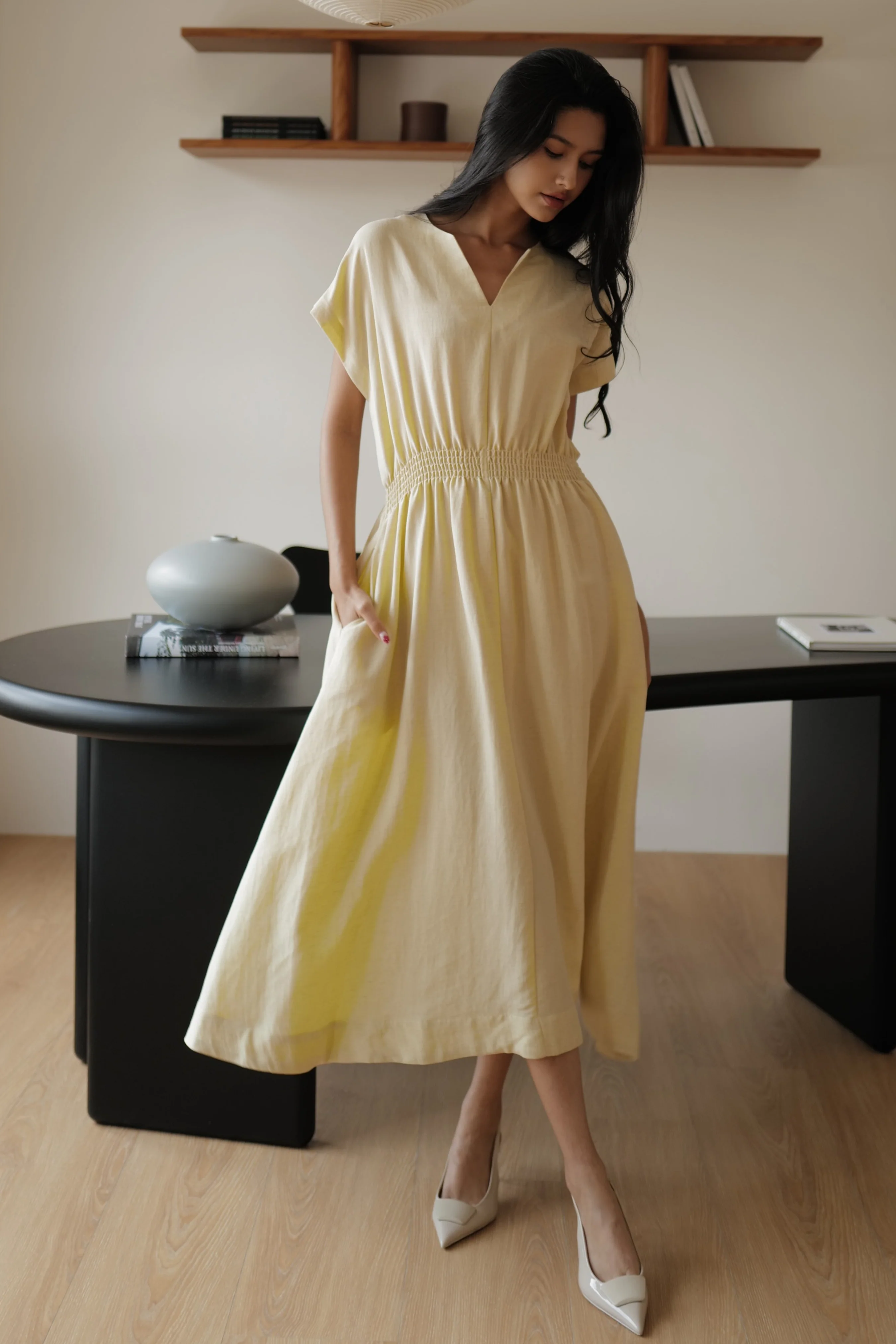 Camille elastic waist linen dress in wasabi yellow