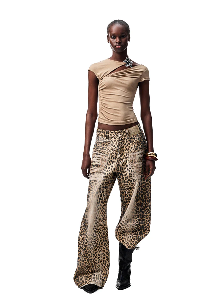 Washed Leopard Print Canvas Curved Pants