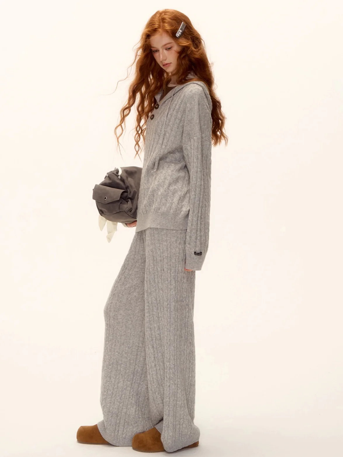 Wool Blend Cable Knit Hoodie & Wide-Leg Pants Set