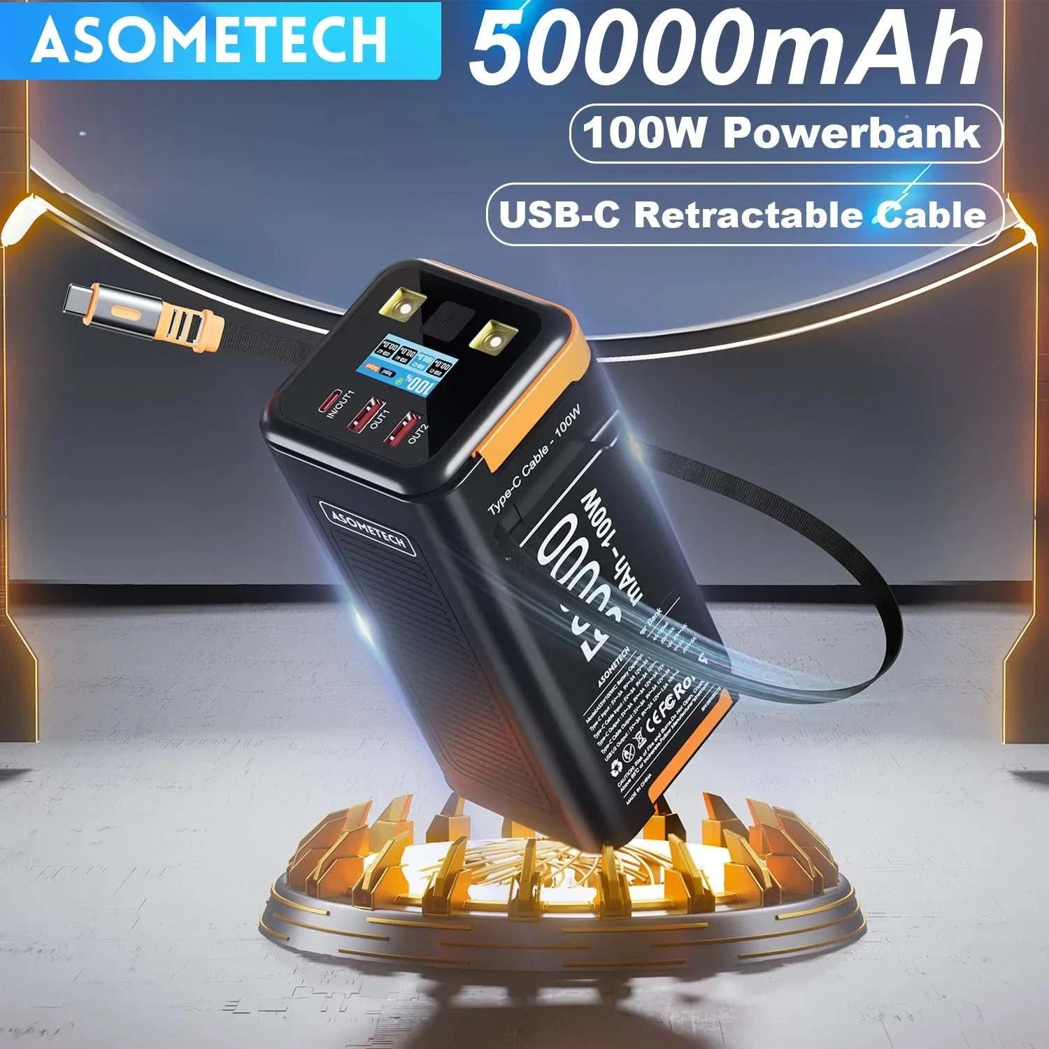 50000mAh 100W Fast Charging Power Bank with Retractable Type-C Cable