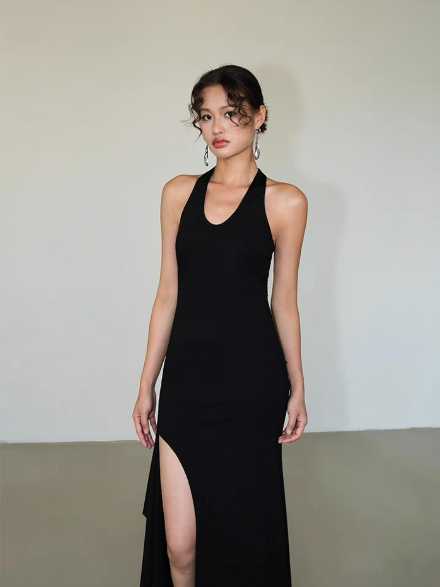 Alicia V-Neck High Slit Halter Tie Knit Dress