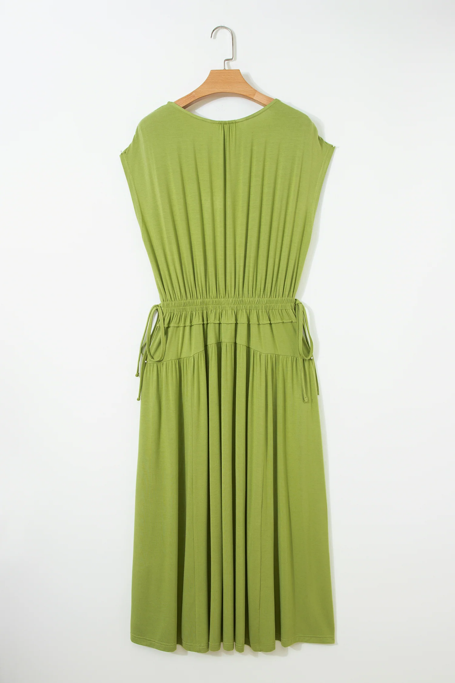 Solid V Neck Cap Sleeve Tunic Elastic Waist Versatile Maxi Dress