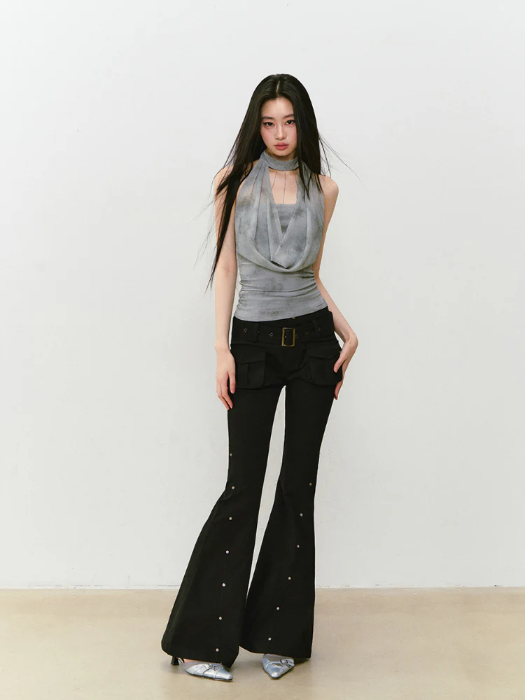 Rose Rivet Flared Cargo Pants