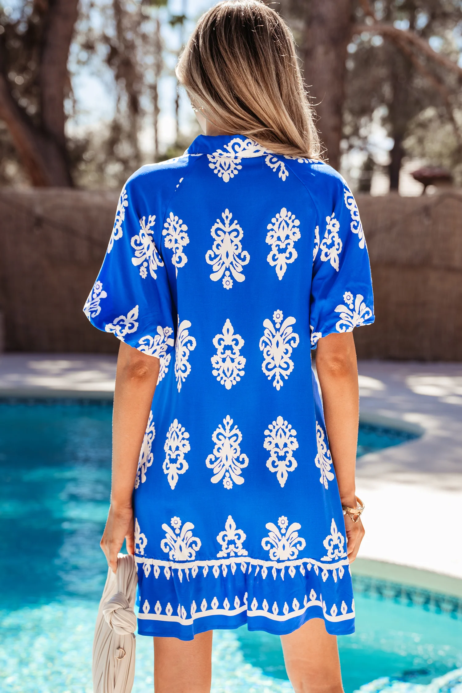 Blue Ethnic Geometric Print Short Puff Sleeve Mini Dress