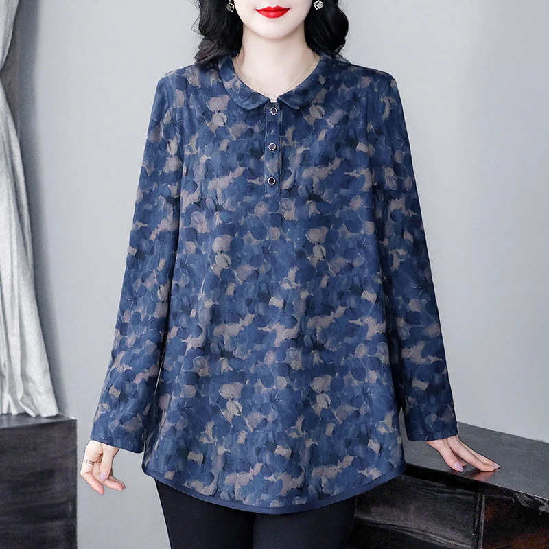 Plus Size Loose Elegant Floral Printed Cotton Women Polo Shirt
