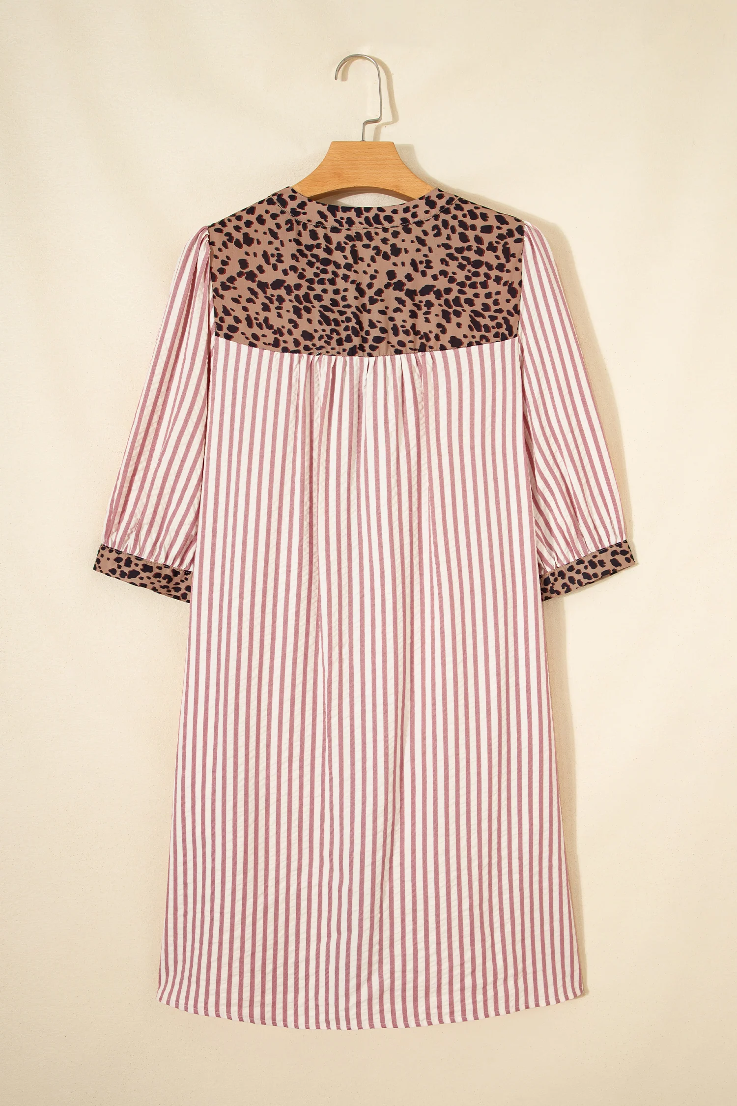 Pink Stripe Square Button Leopard Trim Loose Bracelet Sleeve Shirt Dress