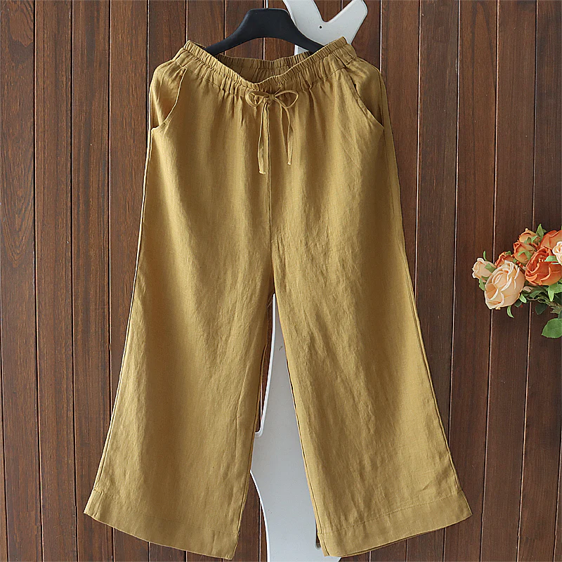 Women Spring Retro Solid Color Cotton Linen Pants