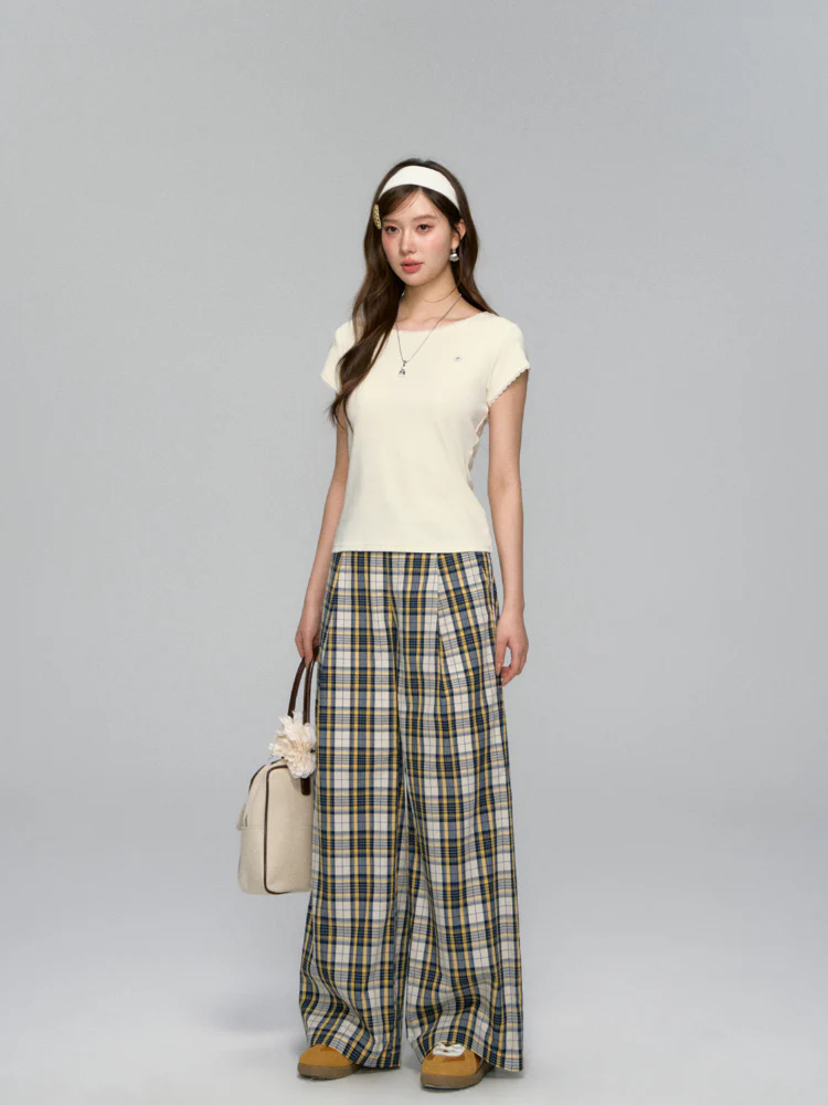 White Waistband Spliced Plaid Trousers