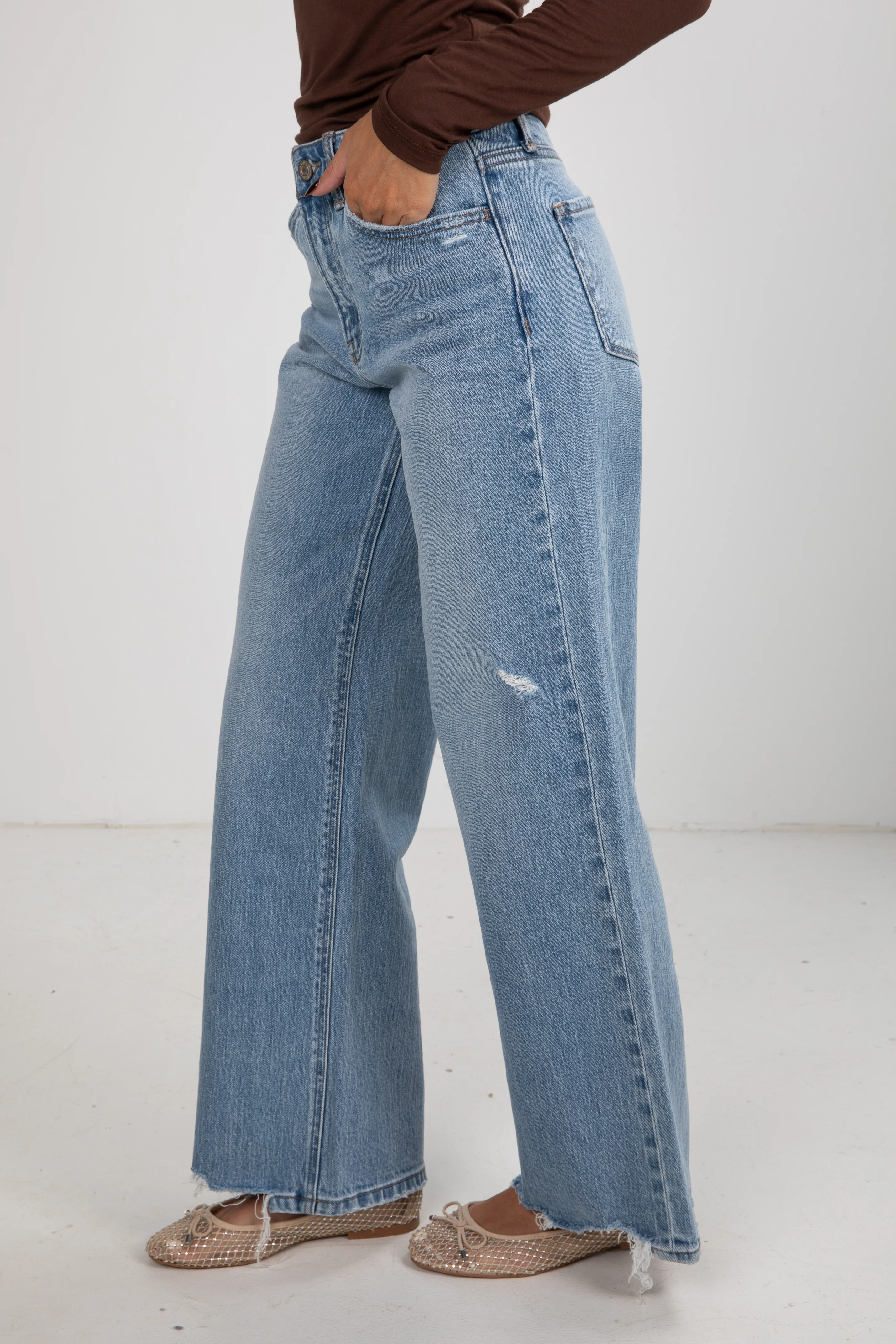 Light Wash High-Rise Distressed Wide Leg Jeans