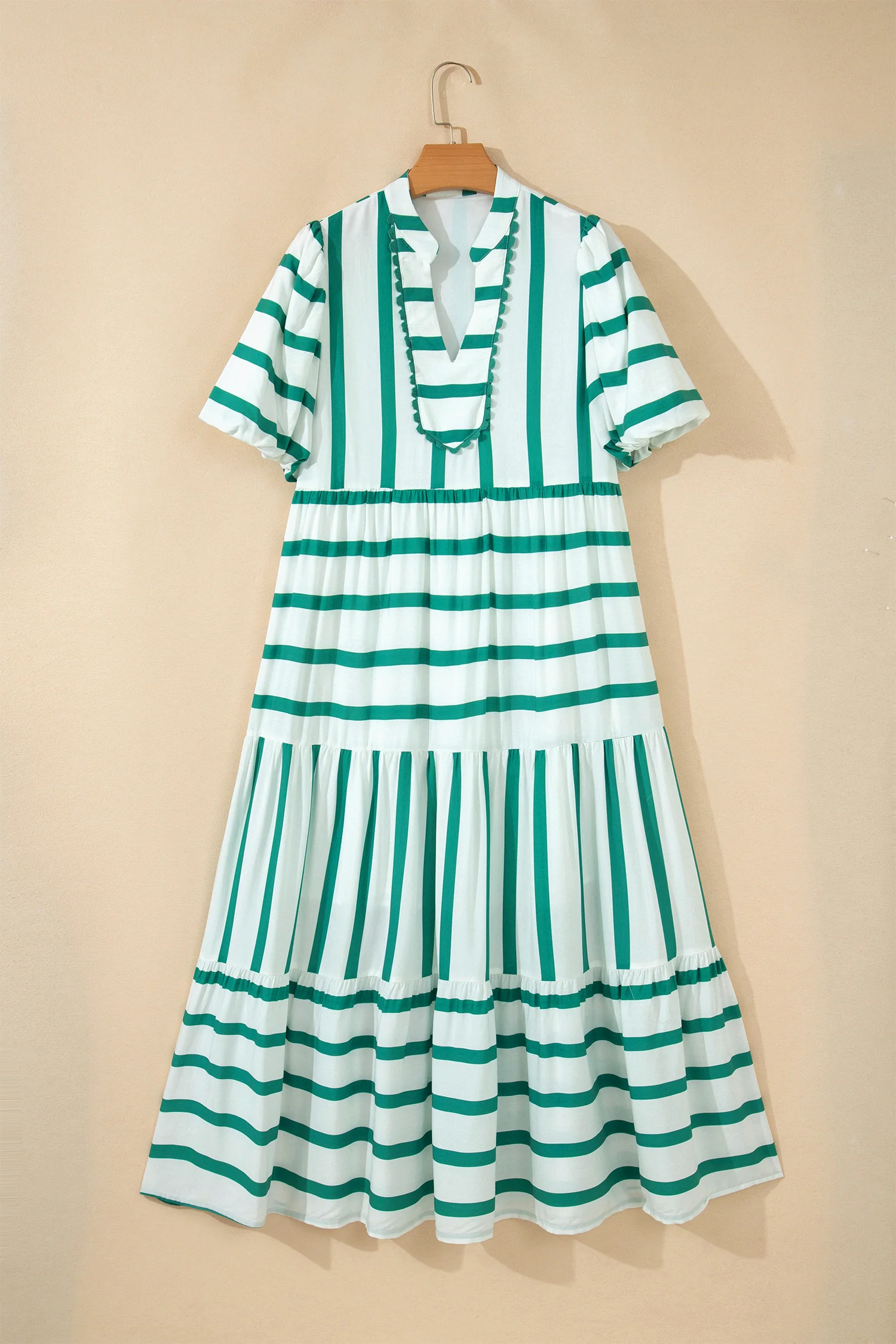 Green Stripe Half Sleeve Vacation Maxi Dress