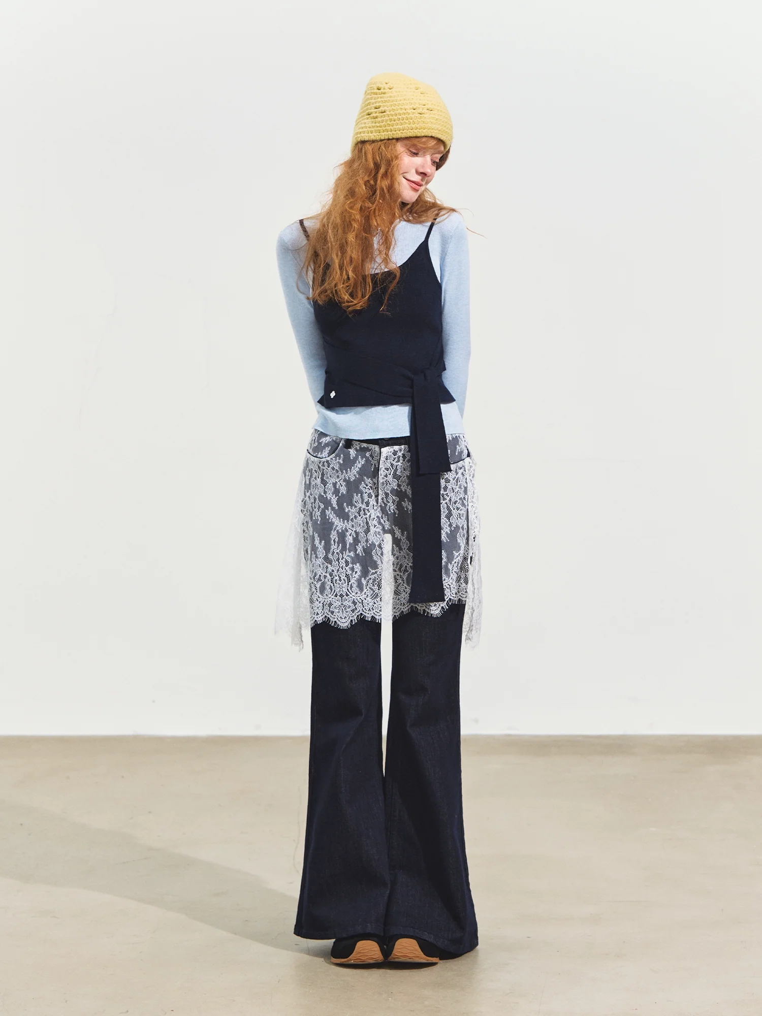 Contrast-Tie Layered Crewneck Knit Sweater