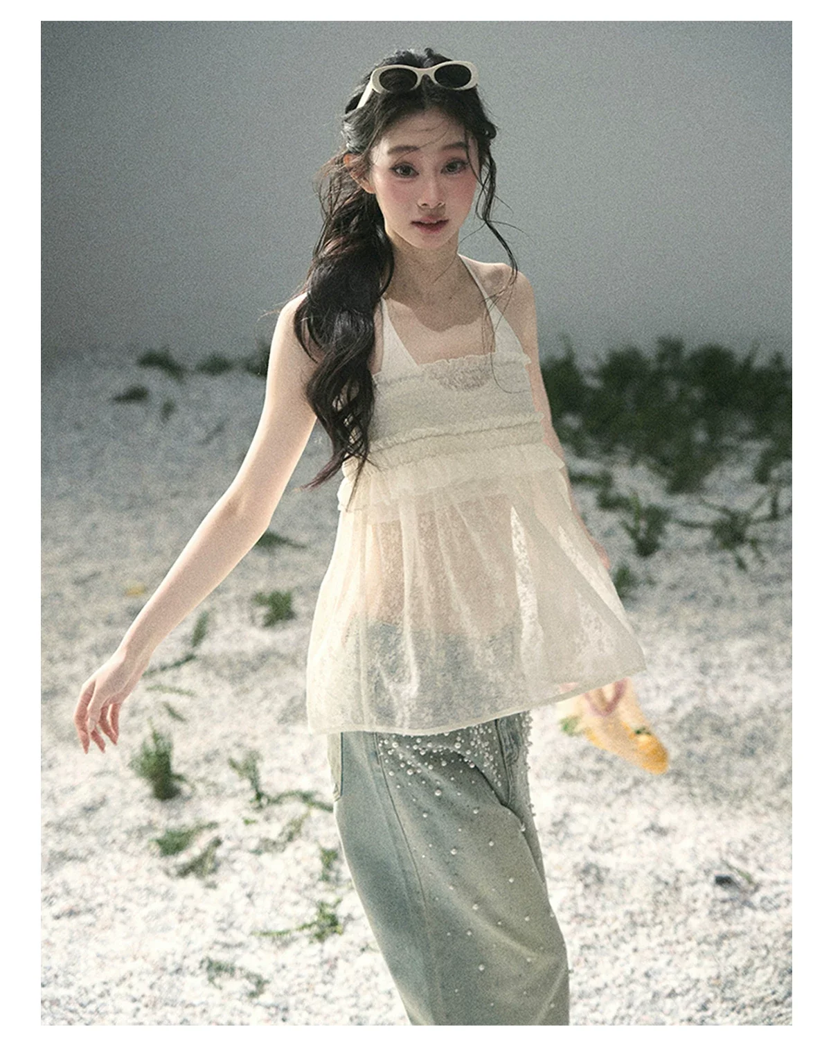 “Shattered Glass Veil” French Sheer Halter Lace Top