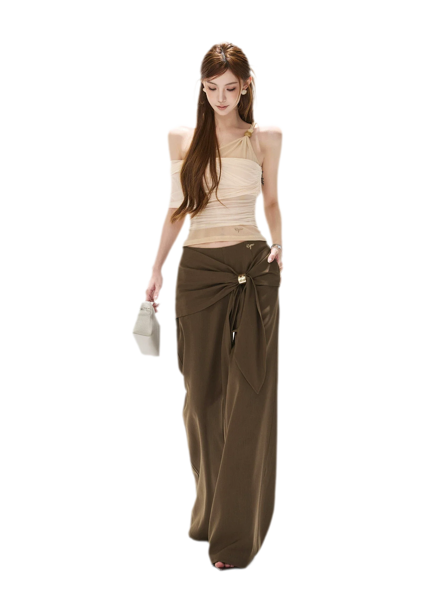 Beaded Ruched Mesh Top