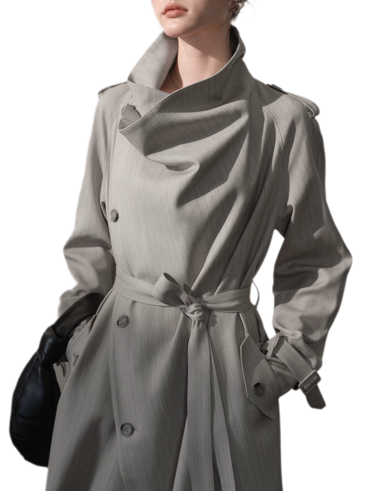Silver-Thread Striped Long Trench Coat