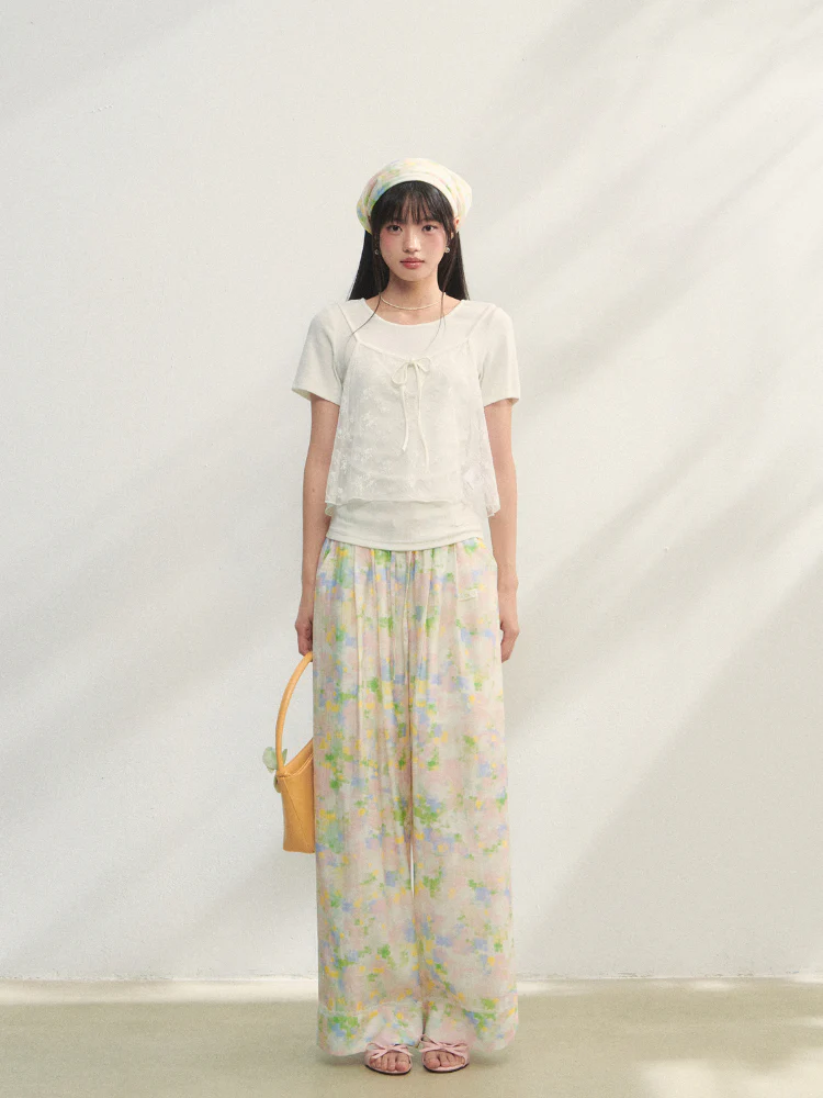 Lace-Trimmed Waist-Tie Wide-Leg Pants