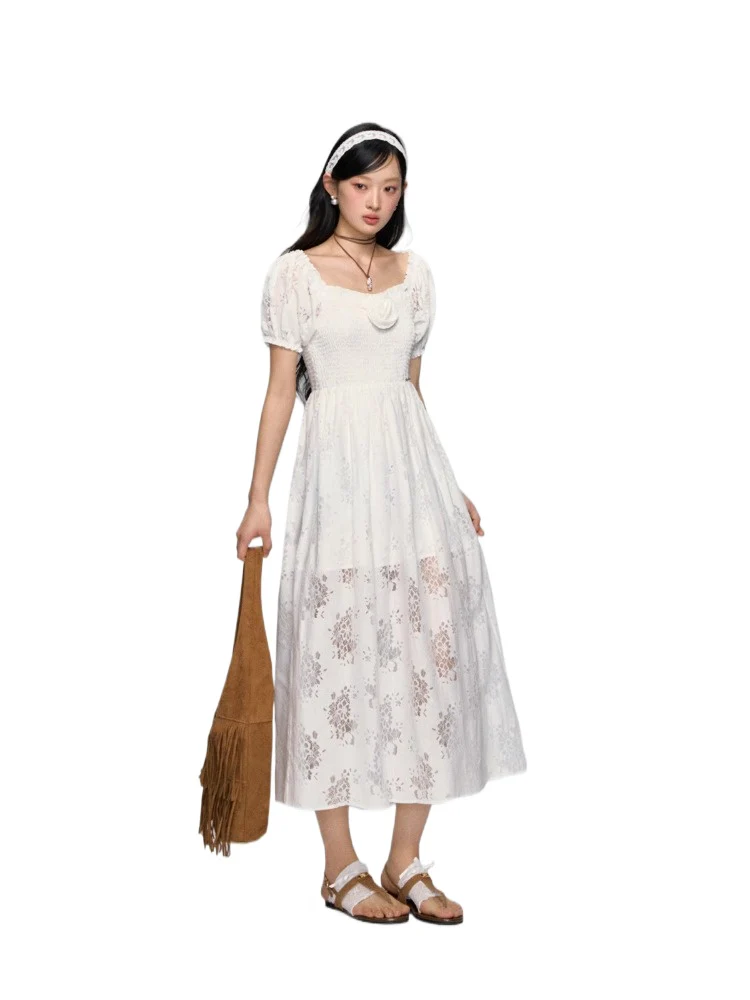 Puff-Sleeve Flower Hollowed Dress