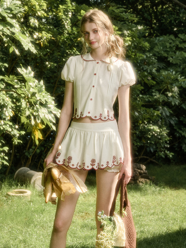 Lace Embroidery Airy Shirt & Skirt Set
