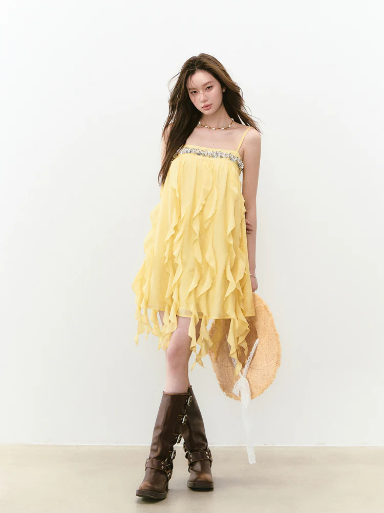 Beaded Flowing A-line Acetate Dress