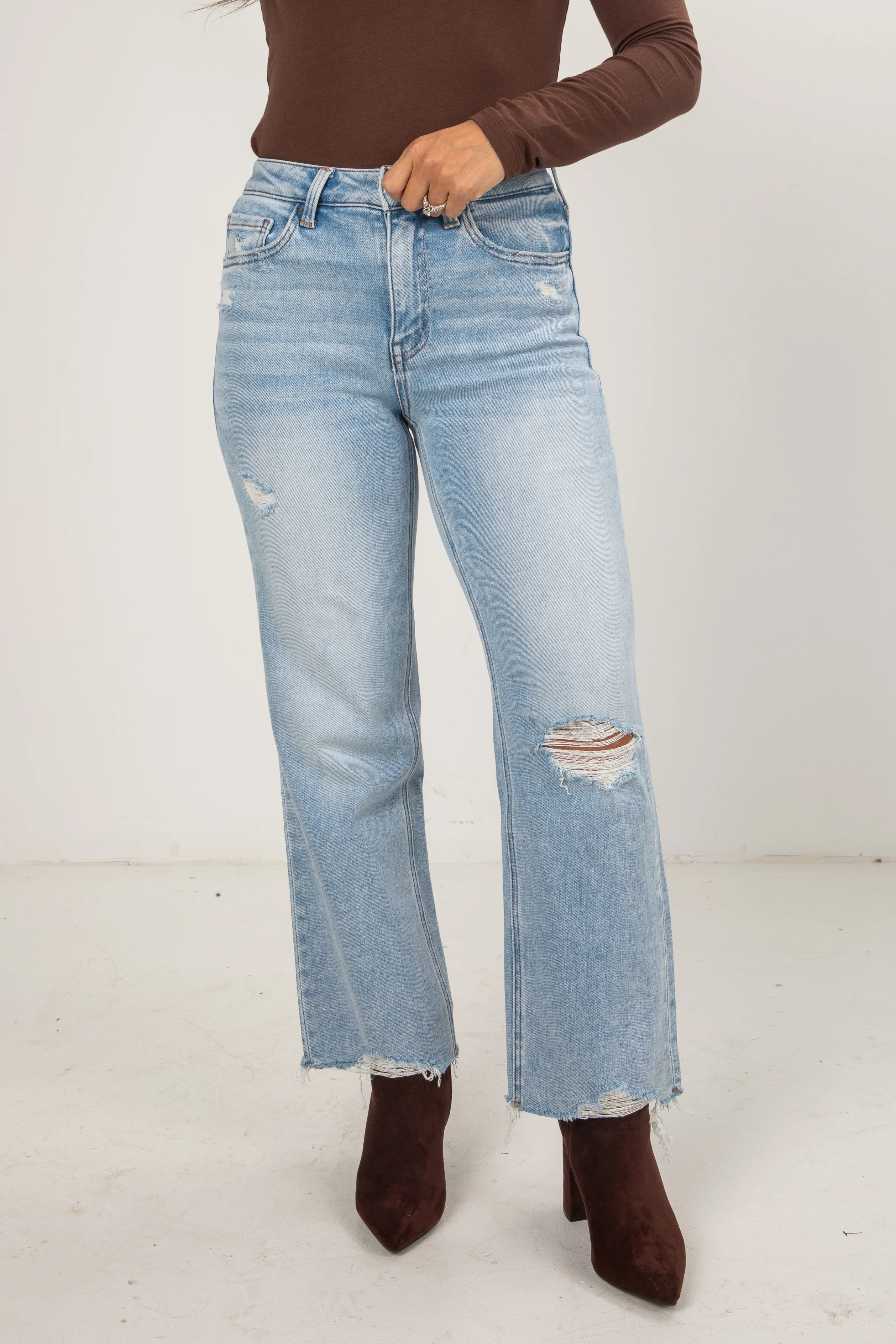 Light Wash High-Rise Distressed Slim Wide Leg Jeans