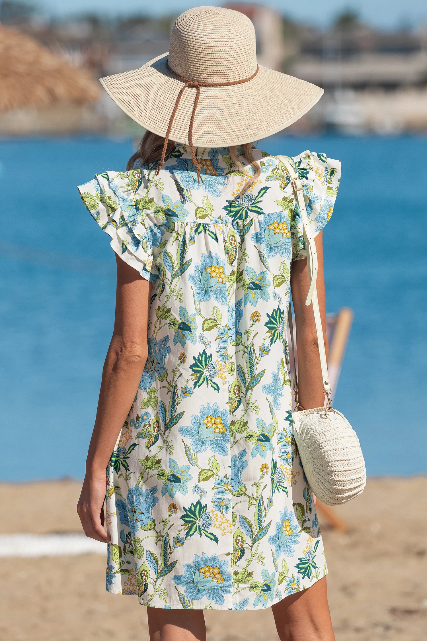 Floral Print V Neck Triple Ruffle Short Sleeve Shift Mini Dress
