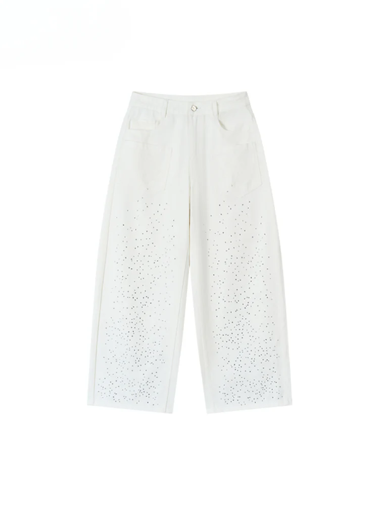 3D Rhinestone Wide - leg Denim Pants