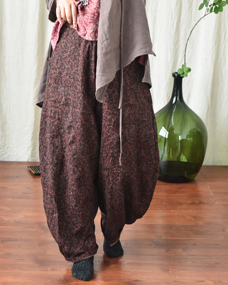 Women Loose Retro Printed Linen Casual Harem Pants