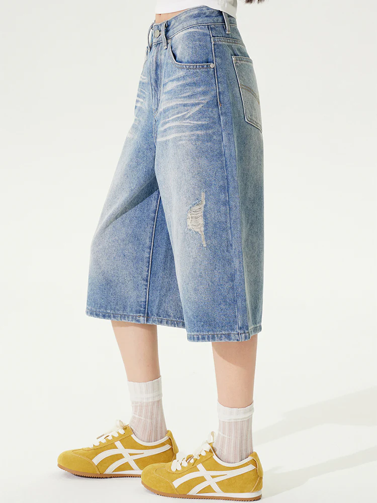 Distressed 7-inch Denim Straight Pants