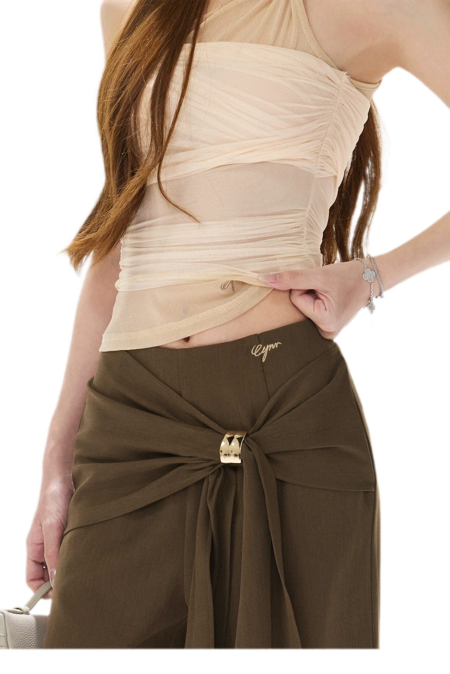 Beaded Ruched Mesh Top