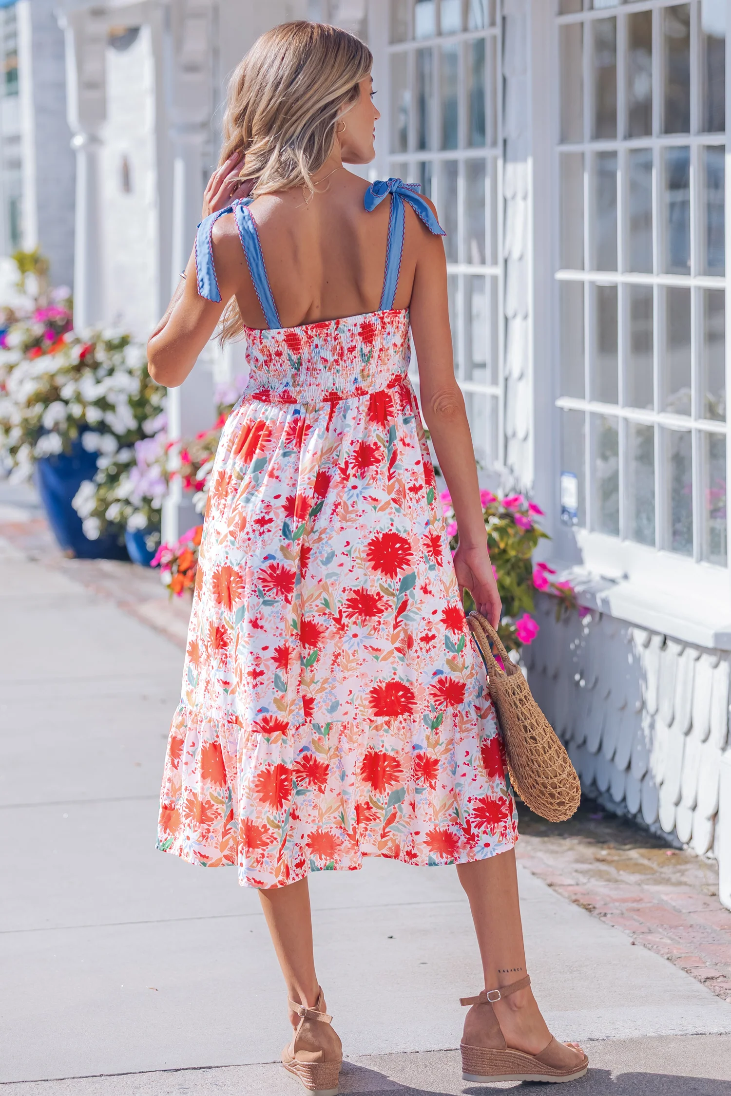 Red Floral Print Contrast Stitched Knot Denim Straps High Waist Dress