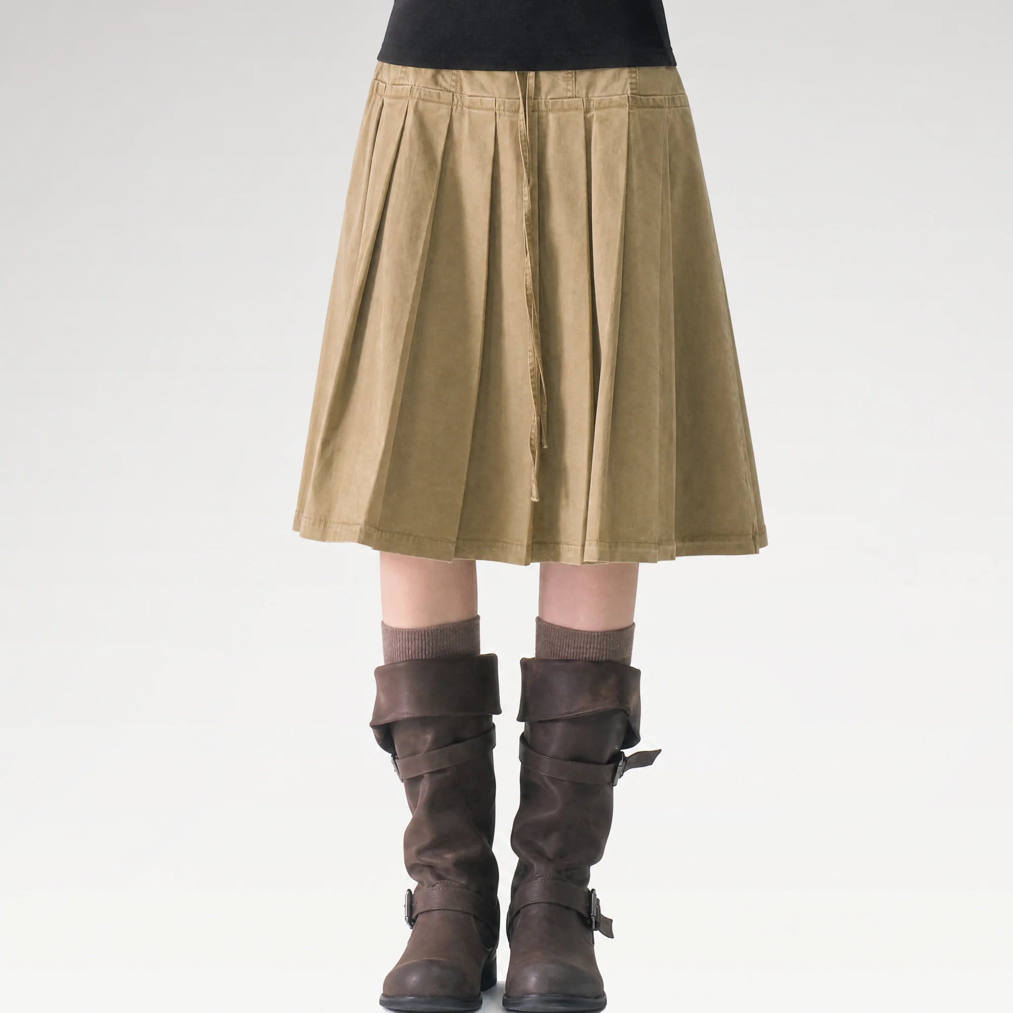 Washed Pleated A-Line Midi Skirt