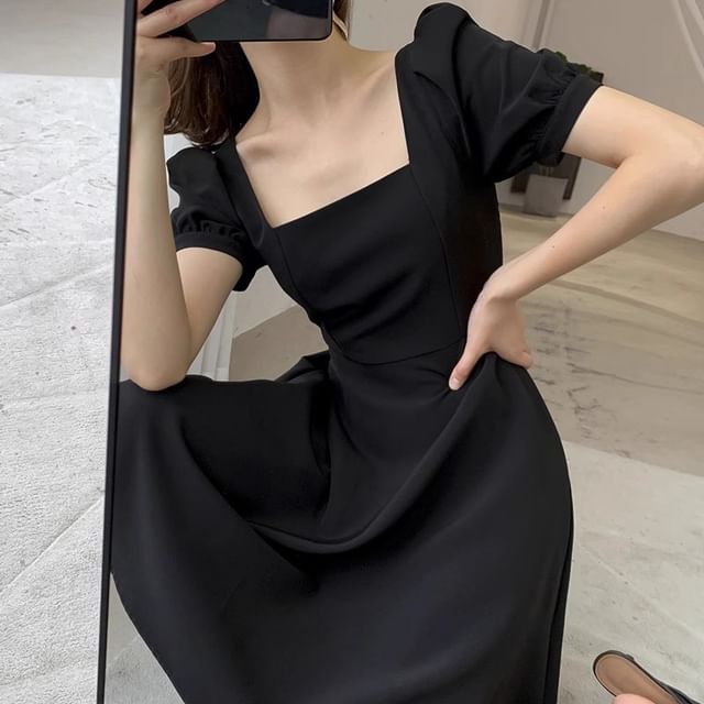 Sleeve Square Mini Dress Neck Puff Plain A-Line