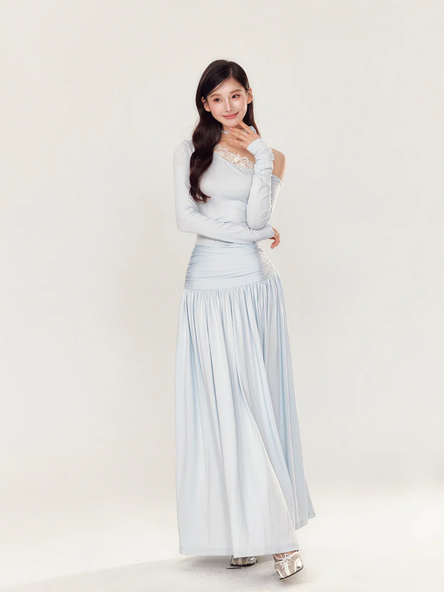 Off-Shoulder Asymmetrical Waist Pleated Dress
