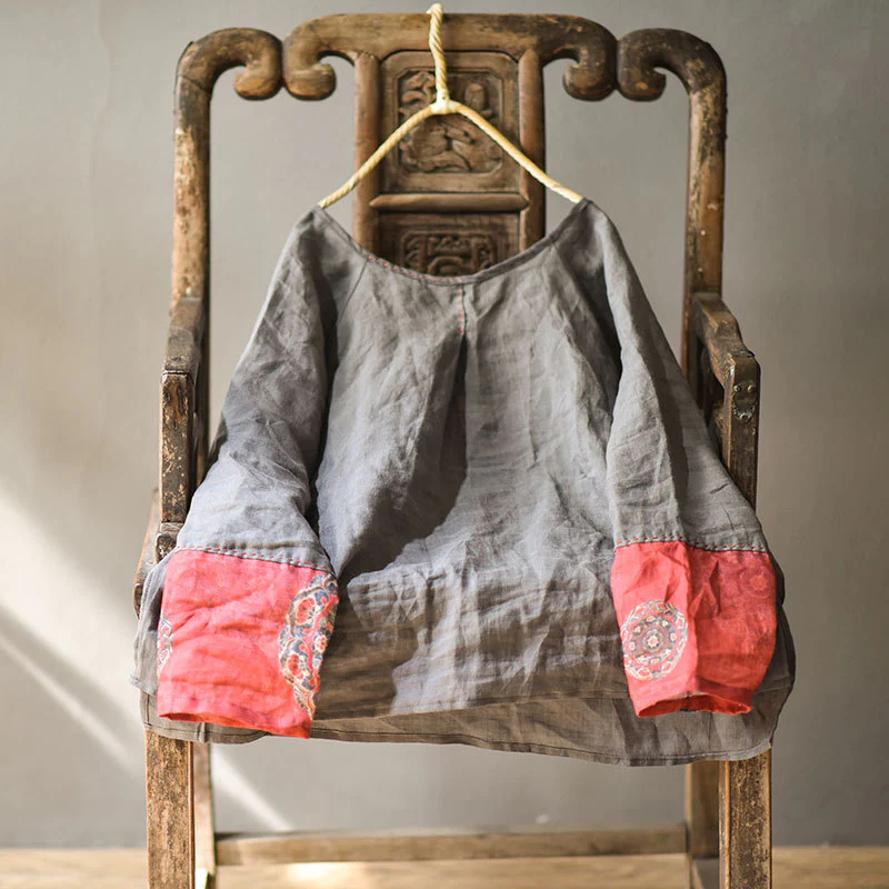 Ladies Retro Patchwork Printed Loose Cotton Linen Pullover