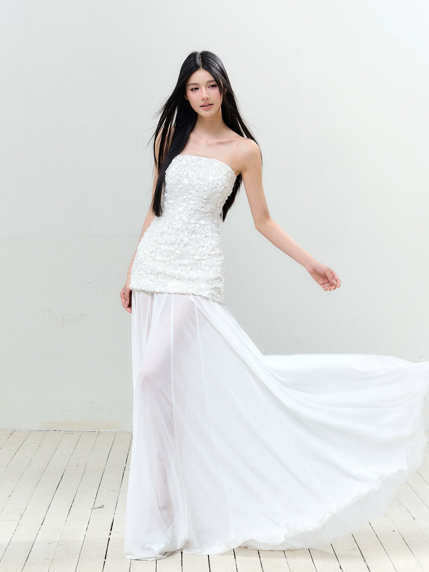Sequin Mesh Strapless Dress