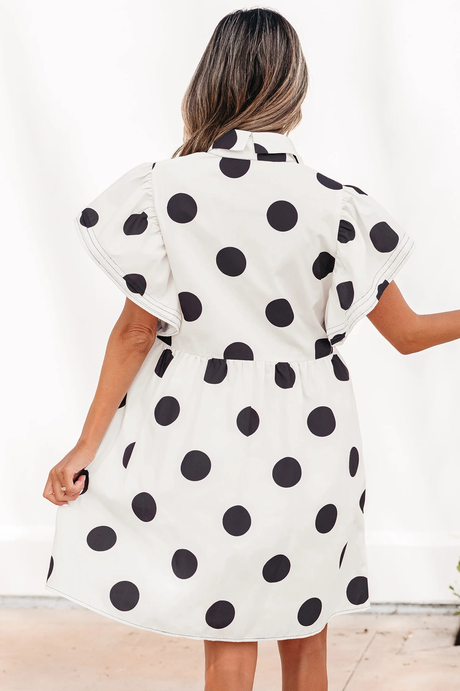 Polka Dot Print Half Button Ruffled Short Sleeve Loose Mini Dress