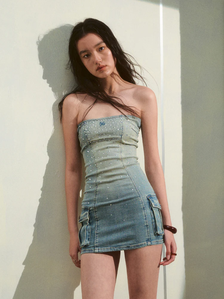 Jeans Waist-Cinching Rhinestone Strapless Dress
