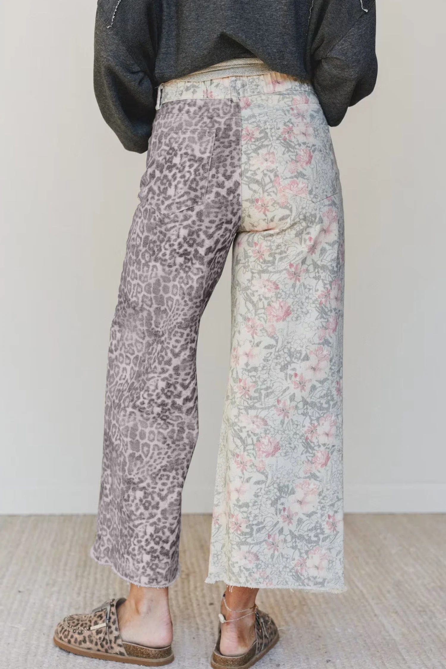 Multicolour Retro Floral Leopard Contrast Patchwork Raw Hem Jeans